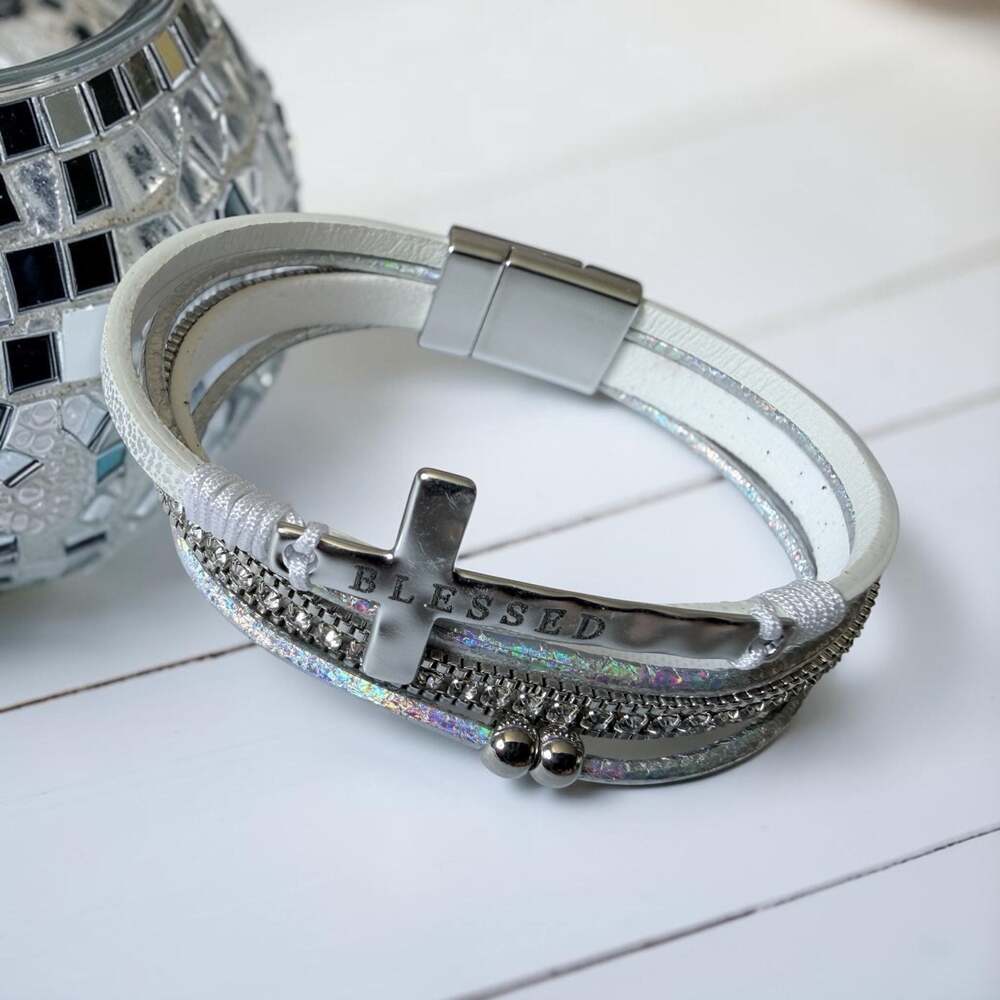Women’s Blessed Cross Multi-layer Leather Magnetic Wrap Bracelet - White